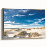 Vintage poster art of a European Danish scenery in colorful hues on a large framed canvas, suitable for living room decor.