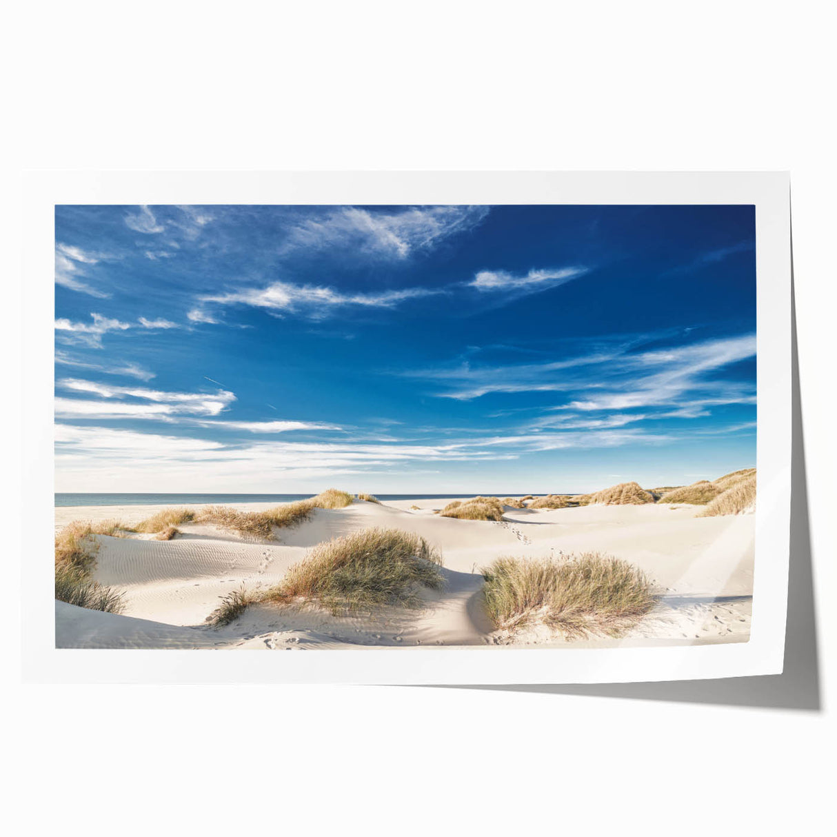 Extra large rolled print of a Danish landscape with floral elements in soft green and blue tones.