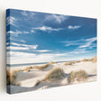 Large stretched canvas depicting a serene Danish landscape in muted green and blue tones, ideal for kitchen wall art.