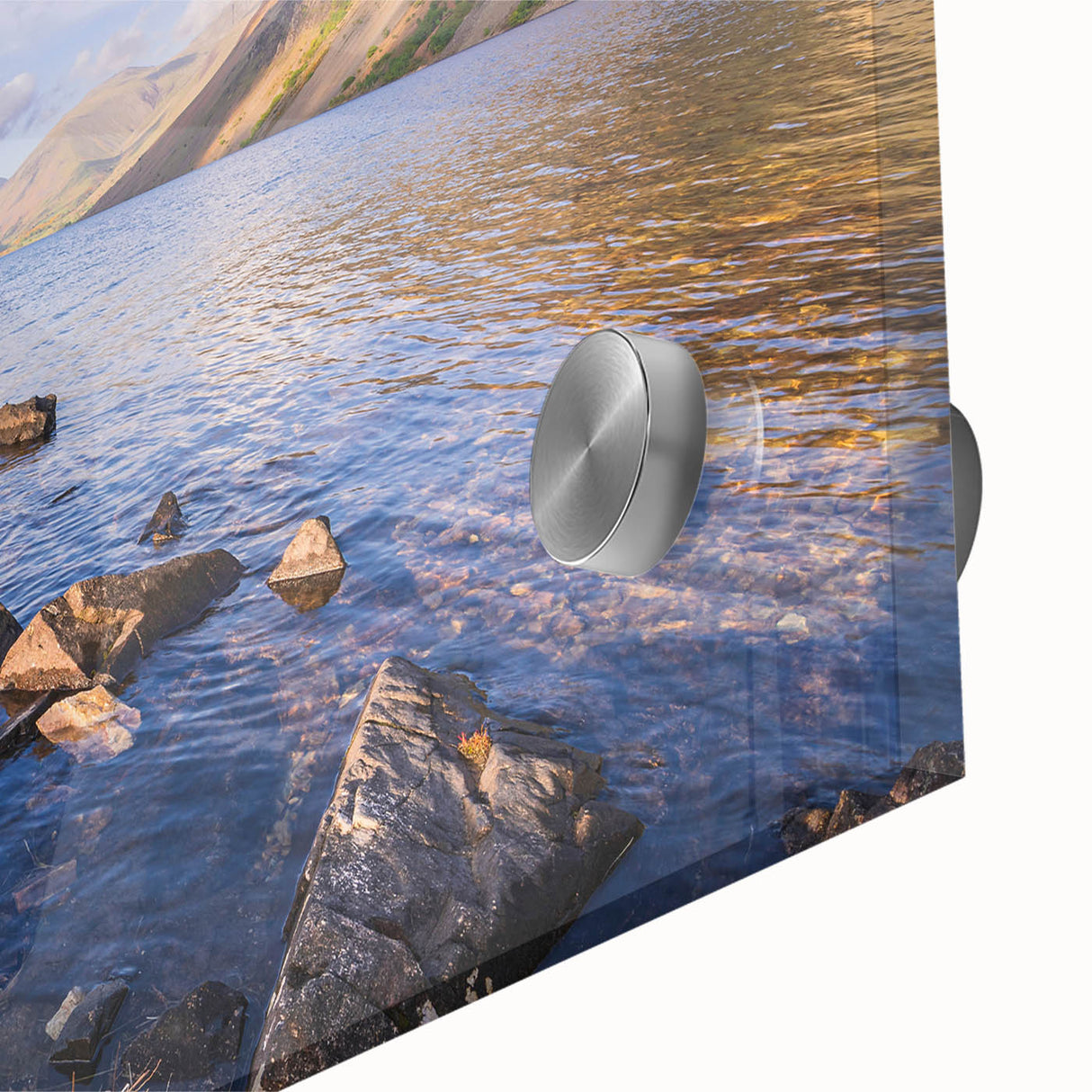 Mid-century modernist art of Cumbria landscape in muted earth tones on large acrylic glass, ideal for dining room art.