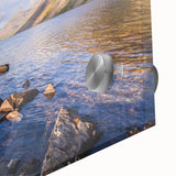 Mid-century modernist art of Cumbria landscape in muted earth tones on large acrylic glass, ideal for dining room art.