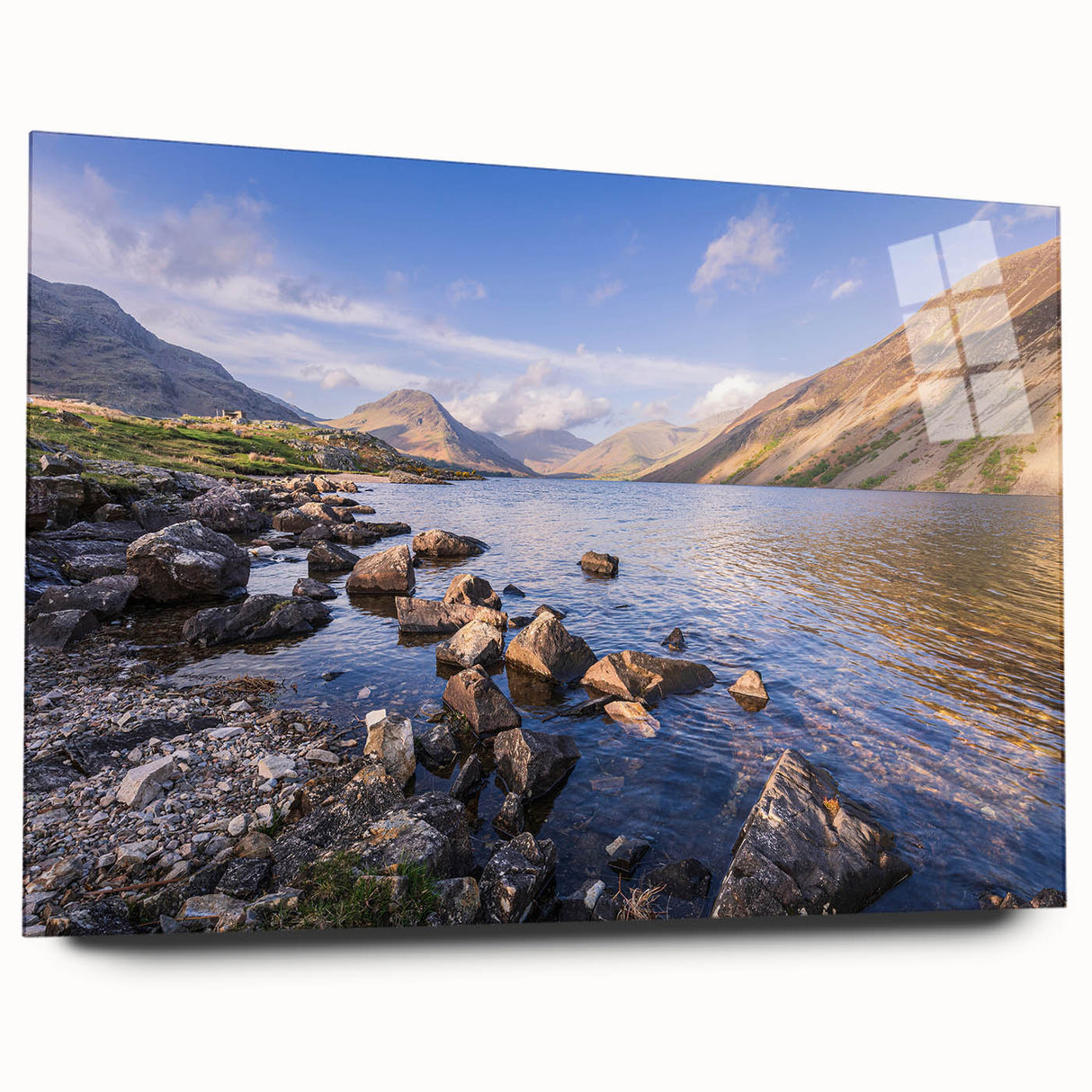 Large abstract wall art of Cumbria, England, with muted earth tones on acrylic glass, ideal for bedroom or dining room decor.