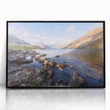 Large abstract wall art featuring a mid-century modernist style scene of Cumbria, England in muted gray tones.