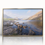 Art deco poster depicting Cumbria, England scenery in muted gold tones on framed acrylic, ideal for modern art wall decor.
