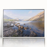 Mid-century modernist art depicting Cumbria's landscape in muted green and blue tones, framed acrylic.