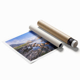 Extra large rolled print of Cumbria scenery with floral elements in soft greens and blues.