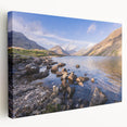 Large art depicting a tranquil Cumbrian landscape in muted green and blue tones, printed on stretched canvas.
