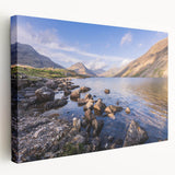 Large art depicting a tranquil Cumbrian landscape in muted green and blue tones, printed on stretched canvas.