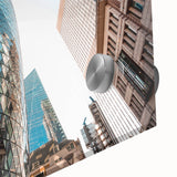 Large abstract depiction of London skyline in muted gray and blue on acrylic glass, suitable for dining room art.