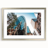 Extra large abstract art print of London scenery in silver frame, showcasing textured design in muted colors.
