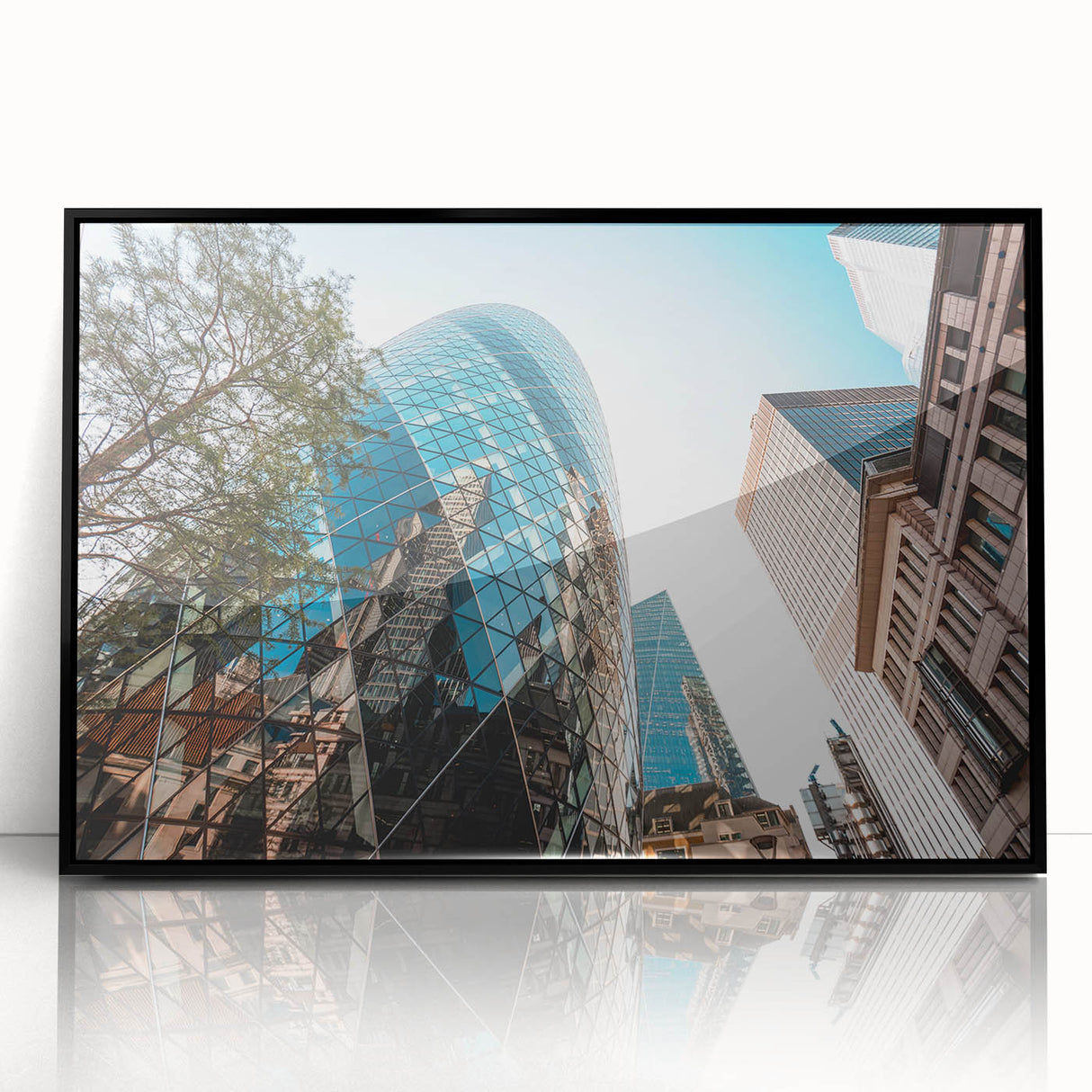 Large abstract wall art depicting the London skyline in muted gray and blue tones on a framed acrylic panel.