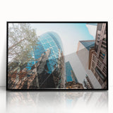 Large abstract wall art depicting the London skyline in muted gray and blue tones on a framed acrylic panel.