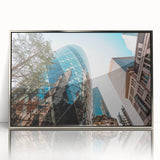 Large acrylic print featuring a mid-century modernist London skyline in muted gray and blue tones.