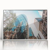 Mid-century modernist art depicting London scenery in muted tones on a framed acrylic, suitable for nursery wall art.