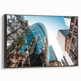 Black and white vintage poster art of London landscape on framed canvas, suited for bedroom decor.