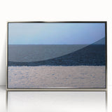 Estonian landscape in muted green and blue tones, mid-century modernist style, framed in silver acrylic.
