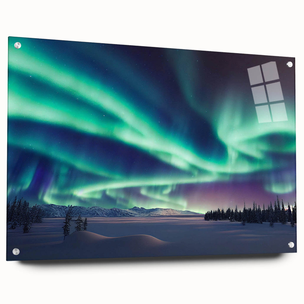 Large abstract wall art depicting a serene Finnish landscape in muted blues and greens on acrylic glass.