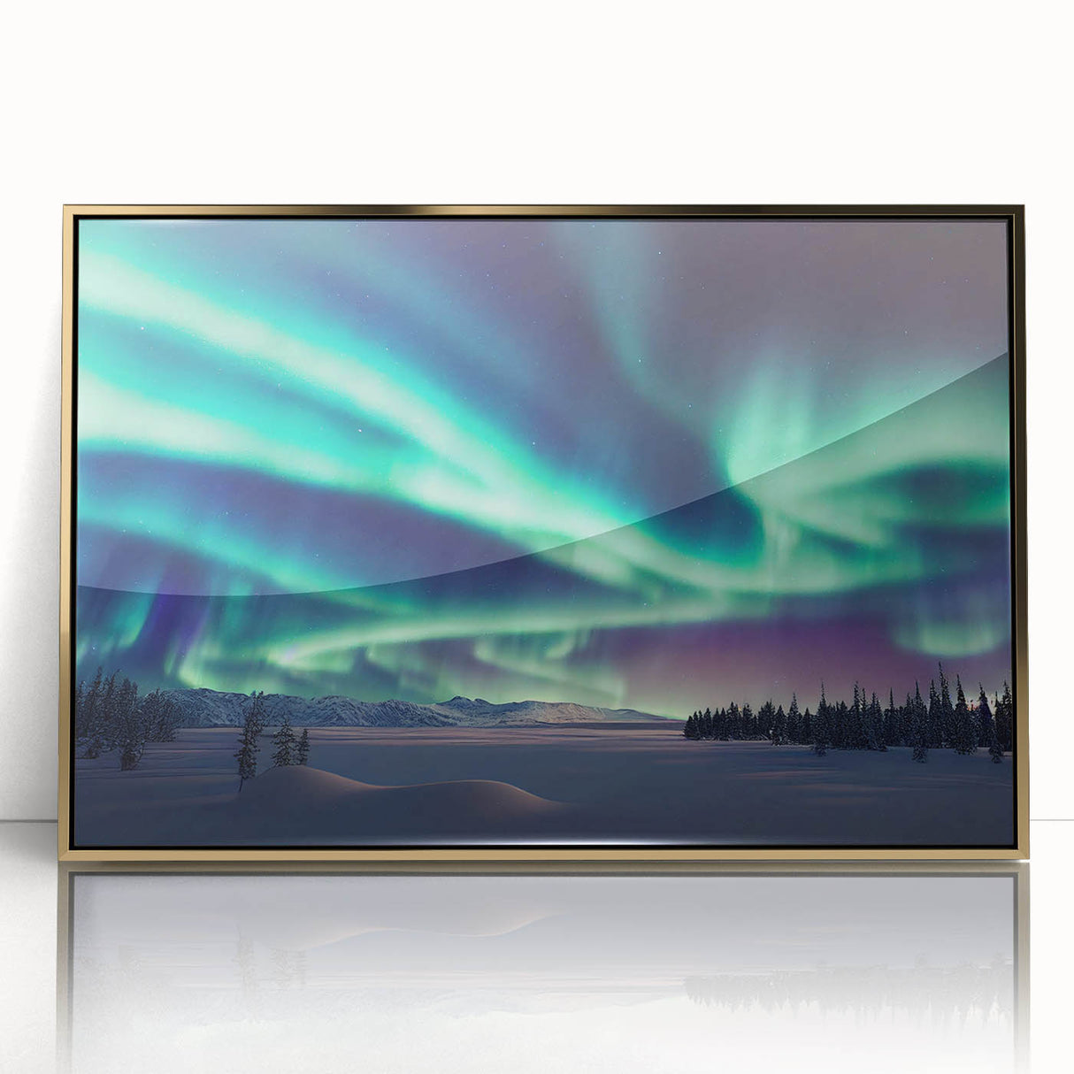 Art Deco style poster depicting a serene Finnish landscape in muted gold and blue tones, framed acrylic.