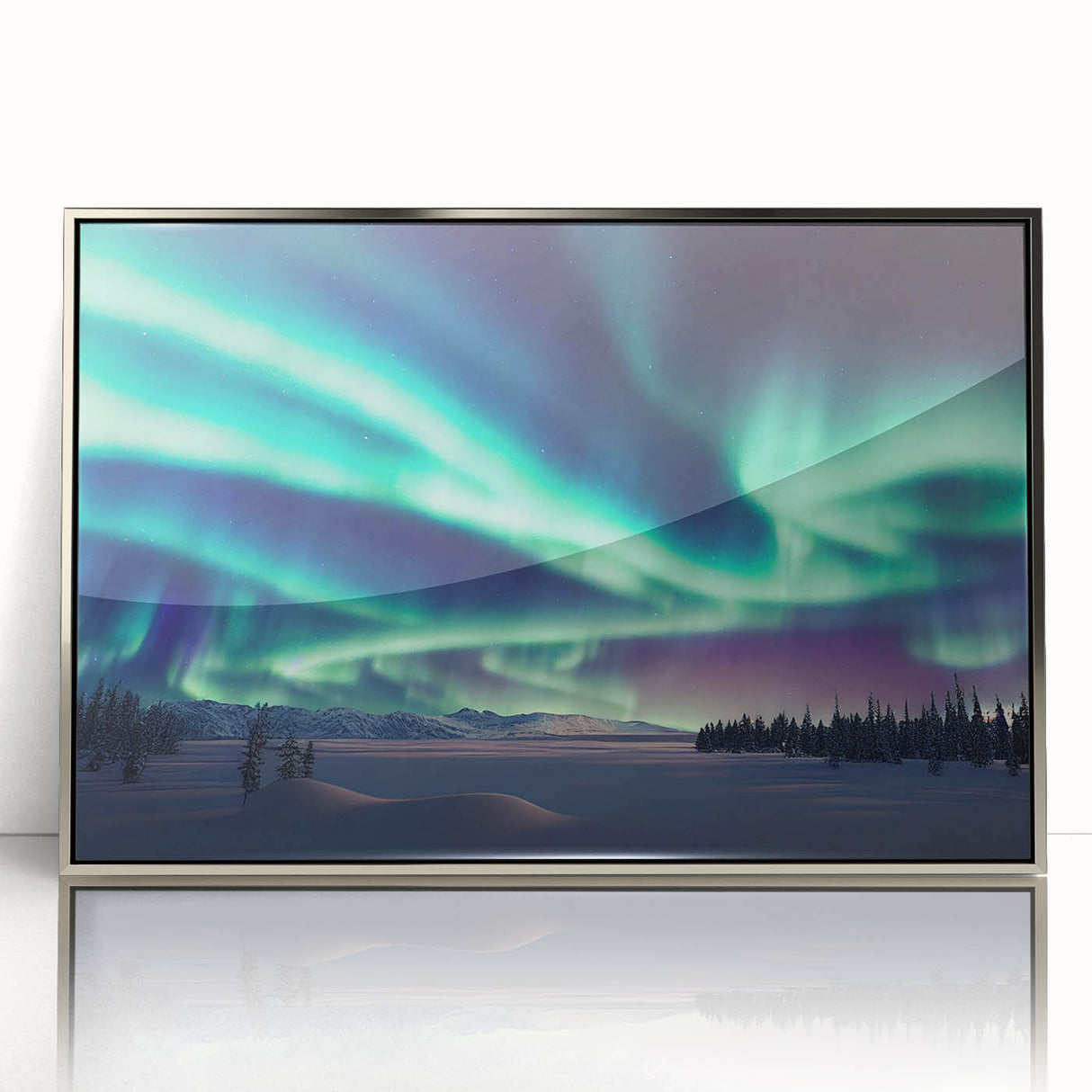 Large art print of a serene Finnish landscape in muted green and blue hues, framed in silver acrylic.