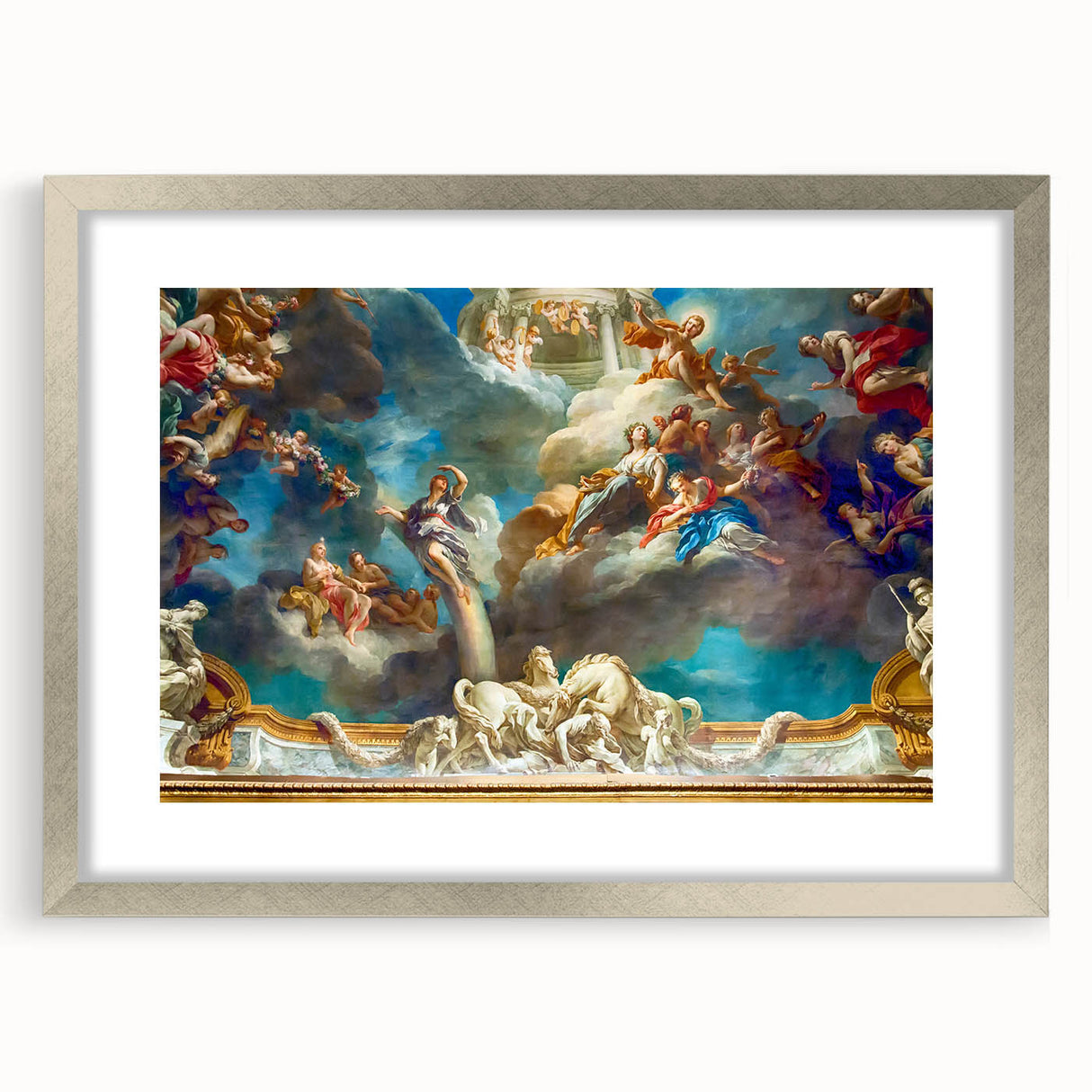 Extra large abstract art print of Paris scenery in muted gray and blue tones, framed in silver, ideal for living room decor.