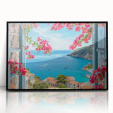 Large abstract wall art depicting a serene Provence landscape in muted green and blue tones, framed in black acrylic.