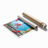 Rolled print depicting Provence, France scenery with vibrant floral elements, ideal for classy bathroom wall art.