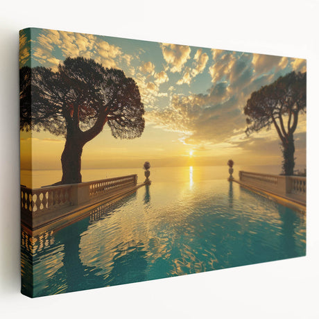 Side view of a stretched canvas depicting a serene South France landscape in soft earth tones, suitable for kitchen wall art.