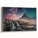 Framed canvas depicting a vintage-style Icelandic landscape with silver frame, featuring muted earth tones.