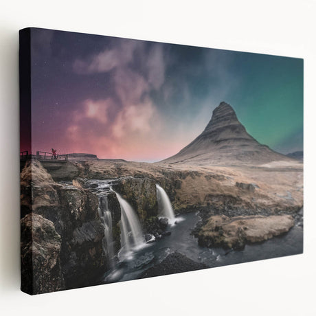Landscape painting of Iceland on stretched canvas, featuring muted gray and blue tones, ideal for kitchen wall art.