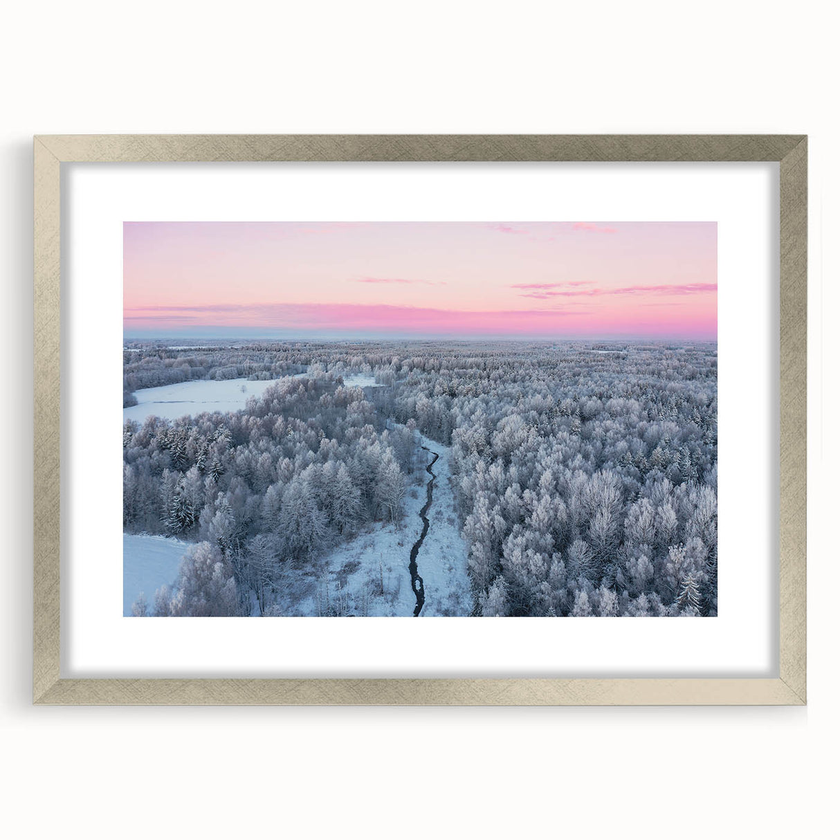 Extra large abstract art print depicting a textured European scenery in muted earth tones, framed in silver.