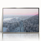 Large art print of a Latvian landscape in muted green and brown tones, framed in silver acrylic.