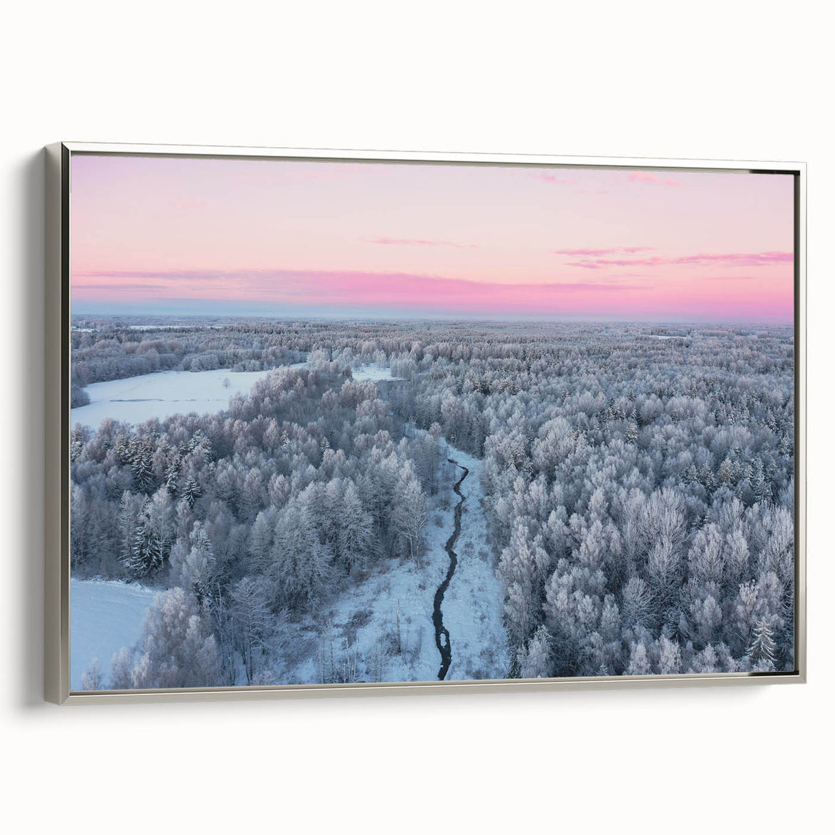 Landscape art painting of a European scenery in Latvia, depicted in colorful art tones on a silver-framed canvas.