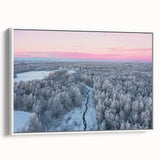 Vintage poster art of a European Latvia scenery in vibrant colors on a white framed canvas, ideal for living room decor.