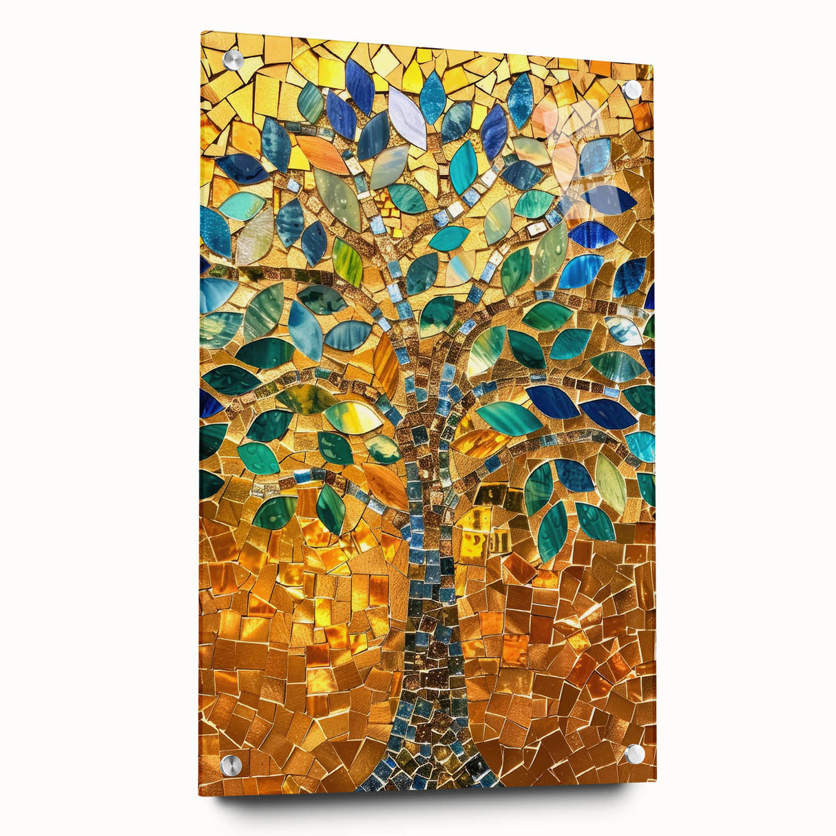 Acrylic print of a large abstract depiction of Barcelona with vibrant hues of orange and blue, ideal for dining room decor.