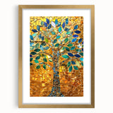 Abstract art print of Barcelona cityscape in gold frame, featuring a mix of vibrant and muted tones.