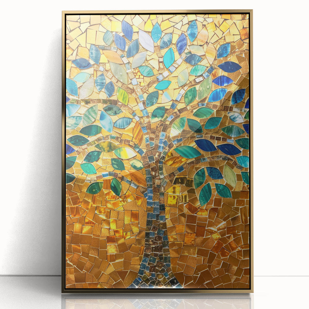 Art deco poster of Barcelona skyline in muted gold and blue tones on framed acrylic, suitable for modern art wall decor.