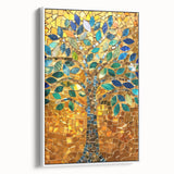 Vintage poster art of Barcelona scenery on a framed canvas, featuring colorful art with black accents.