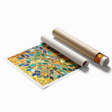 Rolled print of a Barcelona cityscape with vibrant floral elements, in a large format.