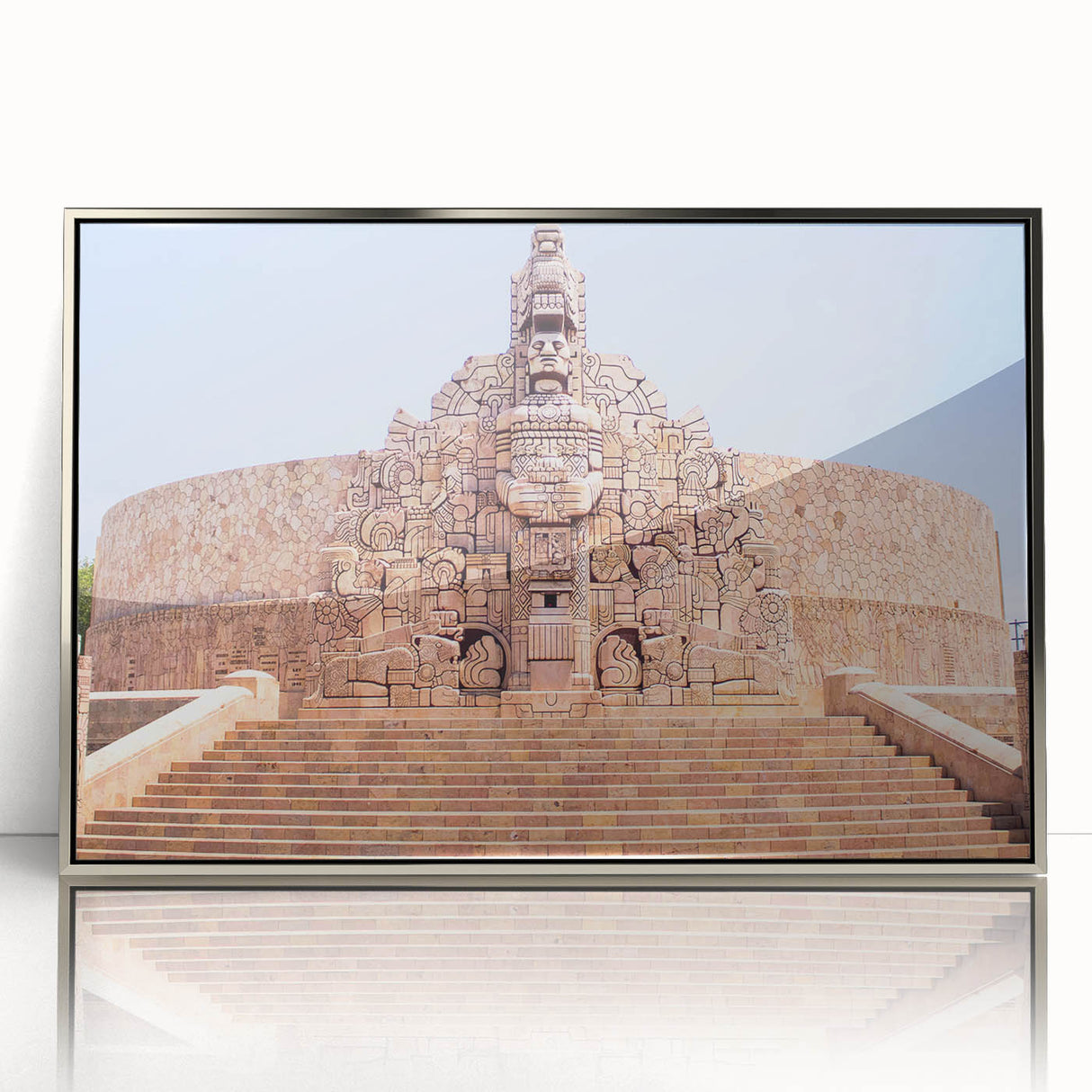 Mid-century modernist art depicting a serene Yucatan landscape in muted earth tones, silver-framed acrylic print.