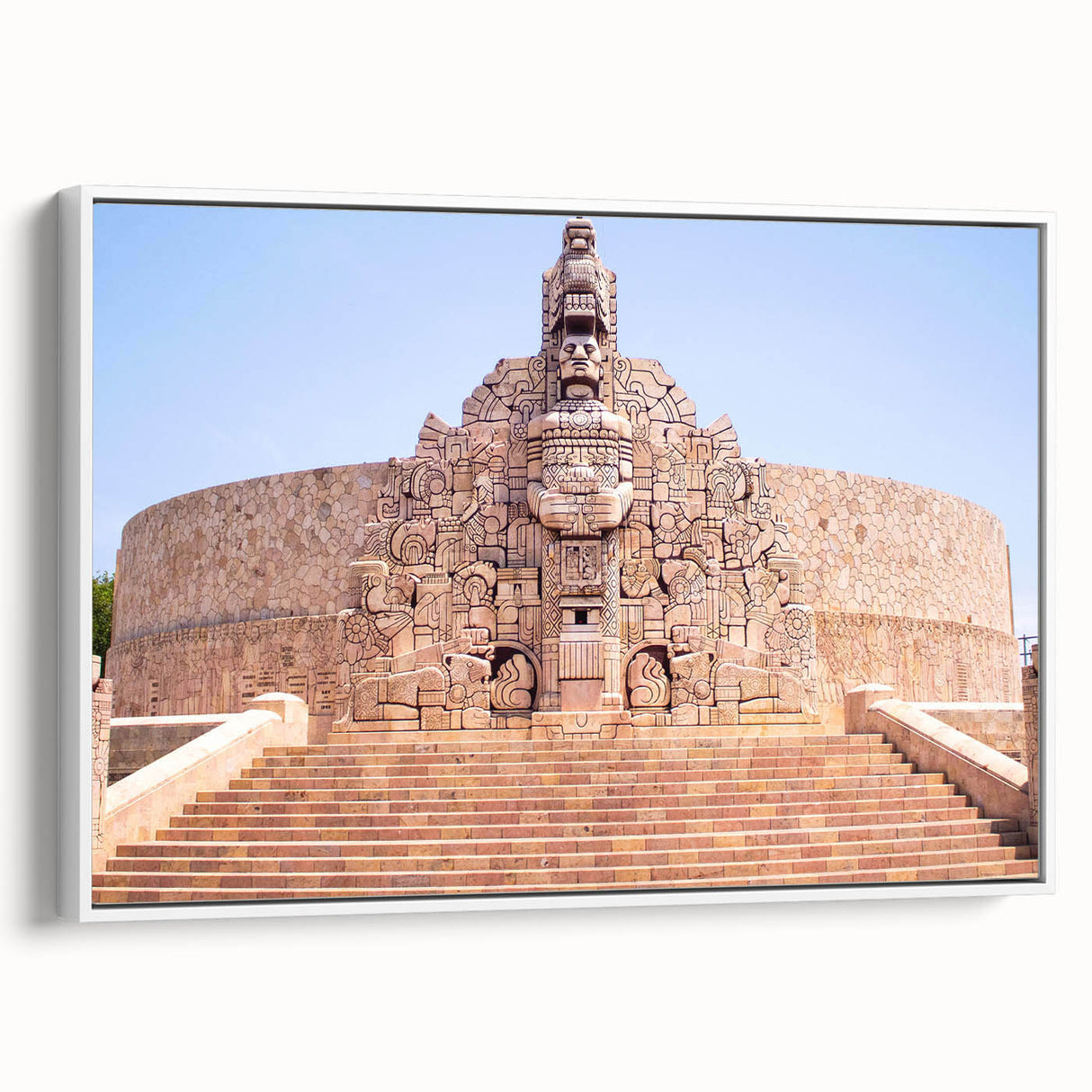 Vintage poster art of Yucatan, Mexico scenery on a framed canvas in white.