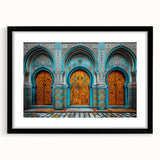 Abstract art print of a Middle Eastern landscape in vibrant colors on a large, textured canvas, ideal for living room decor.