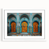 Abstract art print depicting a Middle Eastern scenery in earthy tones on a framed white mat, ideal for dining room decor.