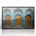 Large abstract wall art featuring a stylized Middle Eastern landscape in muted earth tones, framed in black acrylic.
