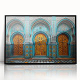 Large abstract wall art featuring a stylized Middle Eastern landscape in muted earth tones, framed in black acrylic.