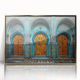 Mid-century modernist style large art print of a scenic Middle Eastern landscape in muted gold tones, framed acrylic.