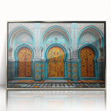 Mid-century modernist art depicting a serene Middle Eastern landscape in muted earth tones, acrylic print framed in silver.