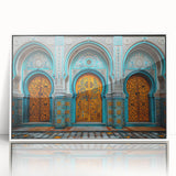 Art deco poster depicting a Middle Eastern scenery in muted earth tones on a framed acrylic, ideal for modern art wall decor.