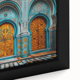 Extra large black wall art featuring a colorful, textured depiction of a Middle Eastern scenery on framed canvas.
