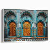 Vintage poster art depicting a Middle Eastern landscape in vibrant colors on a large framed canvas.