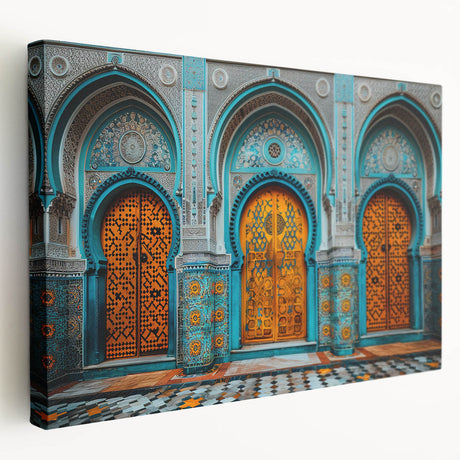 Side view of a stretched canvas depicting a Middle Eastern scenery in earthy tones, suitable as kitchen wall art.